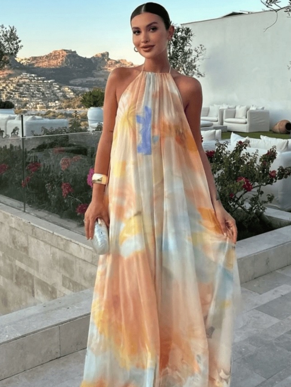 Tie-Back Watercolor Maxi Dress in Pastel Yellow & Peach - Picture 2 of 4
